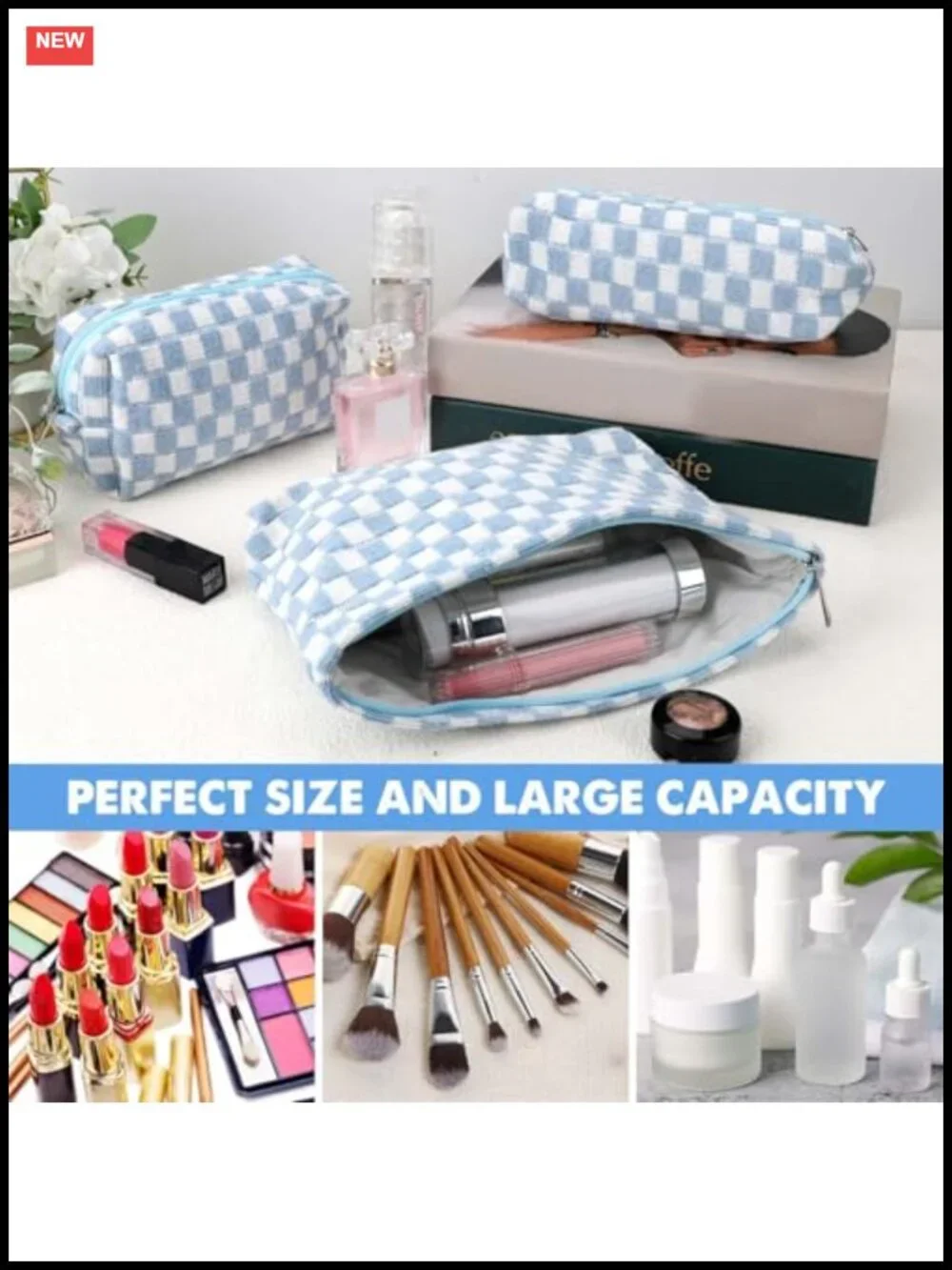 Checkered Canvas Makeup Bag Set of 3 Travel Toiletry Organizer Pouch for Women